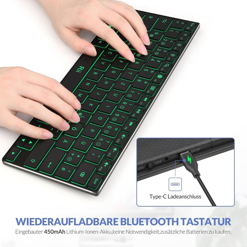 Rii Bluetooth Mini Billentyűzet - Vezeték Nélküli, Újratölthető, 3 Bluetooth Csatornával, LED Háttérvilágítással, Ultravékony, Hordozható, F