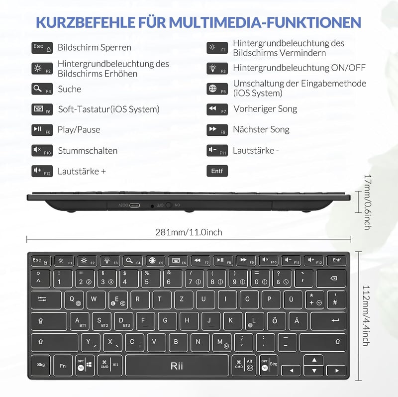 Rii Bluetooth Mini Billentyűzet - Vezeték Nélküli, Újratölthető, 3 Bluetooth Csatornával, LED Háttérvilágítással, Ultravékony, Hordozható, F