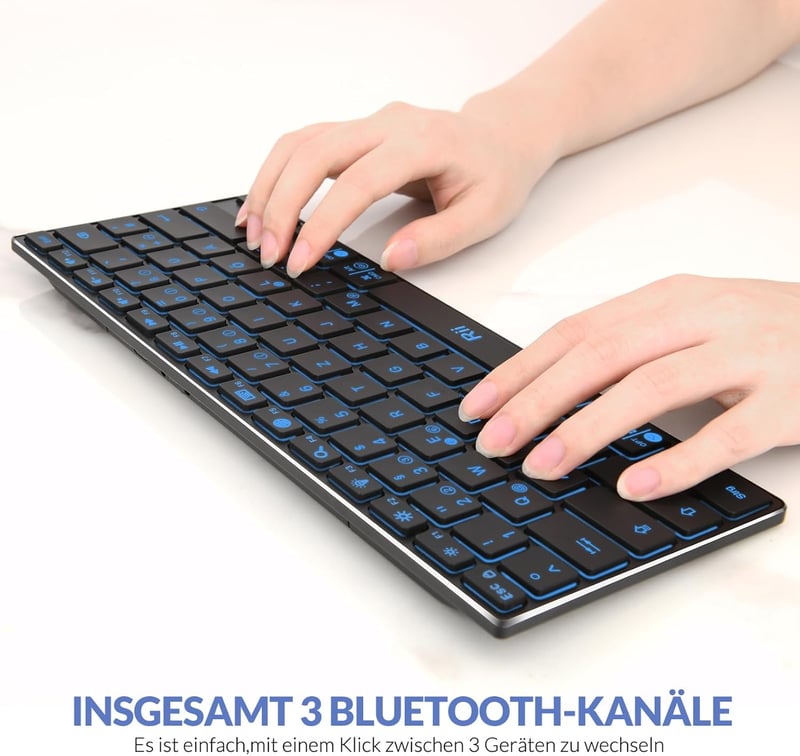Rii Bluetooth Mini Billentyűzet - Vezeték Nélküli, Újratölthető, 3 Bluetooth Csatornával, LED Háttérvilágítással, Ultravékony, Hordozható, F