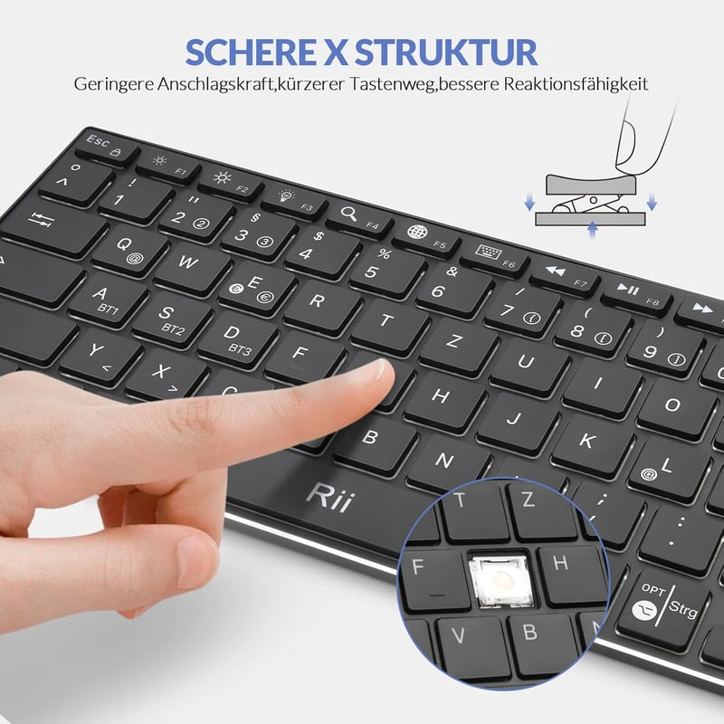 Rii Bluetooth Mini Billentyűzet - Vezeték Nélküli, Újratölthető, 3 Bluetooth Csatornával, LED Háttérvilágítással, Ultravékony, Hordozható, F