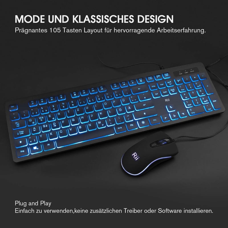 Rii Gaming Billentyűzet és Egér Szett LED Háttérvilágítással, Vezetékes QWERTZ