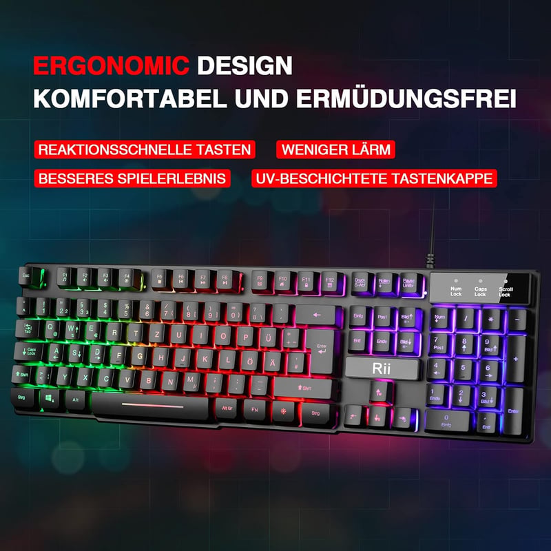 Rii Gaming Billentyűzet USB RGB LED Világítással PC PS4 Német Kiosztás