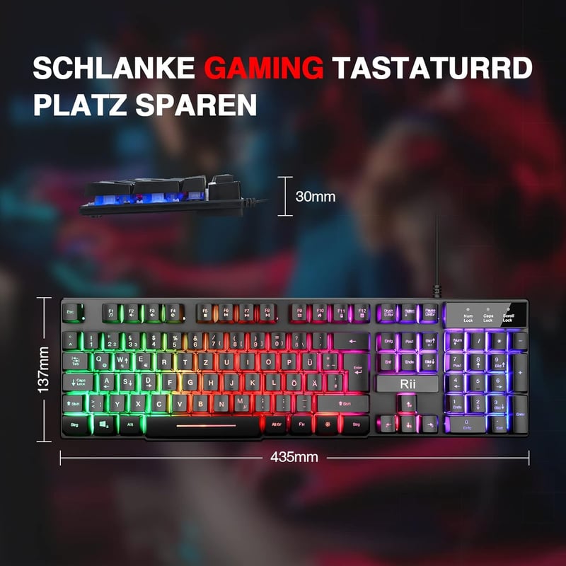 Rii Gaming Billentyűzet USB RGB LED Világítással PC PS4 Német Kiosztás