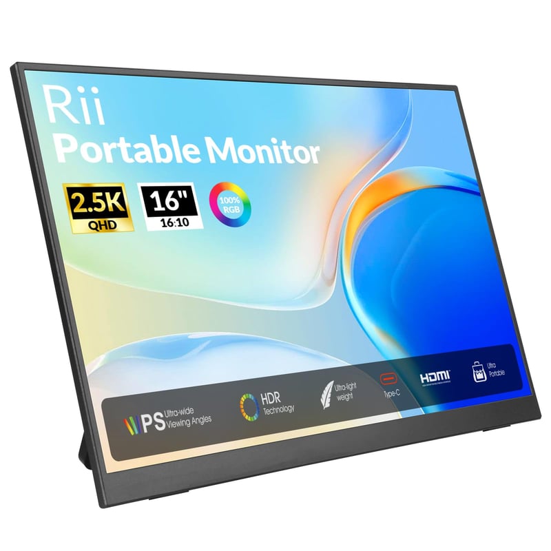 Prenosný monitor Rii 16 palcov 144Hz QHD 2.5K 2560x1600 IPS HDR FreeSync 100% sRGB USB-C HDMI pre notebook, PC, Mac, smartfón s držiakom VESA