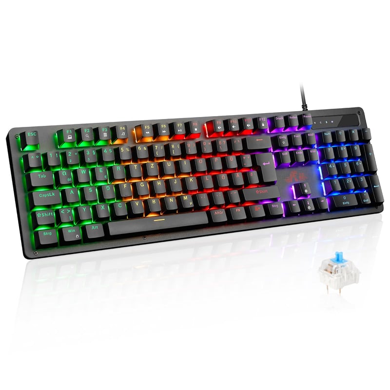 Mechanická herná klávesnica Rii, QWERTZ, modré spínače, plná veľkosť – čierna
