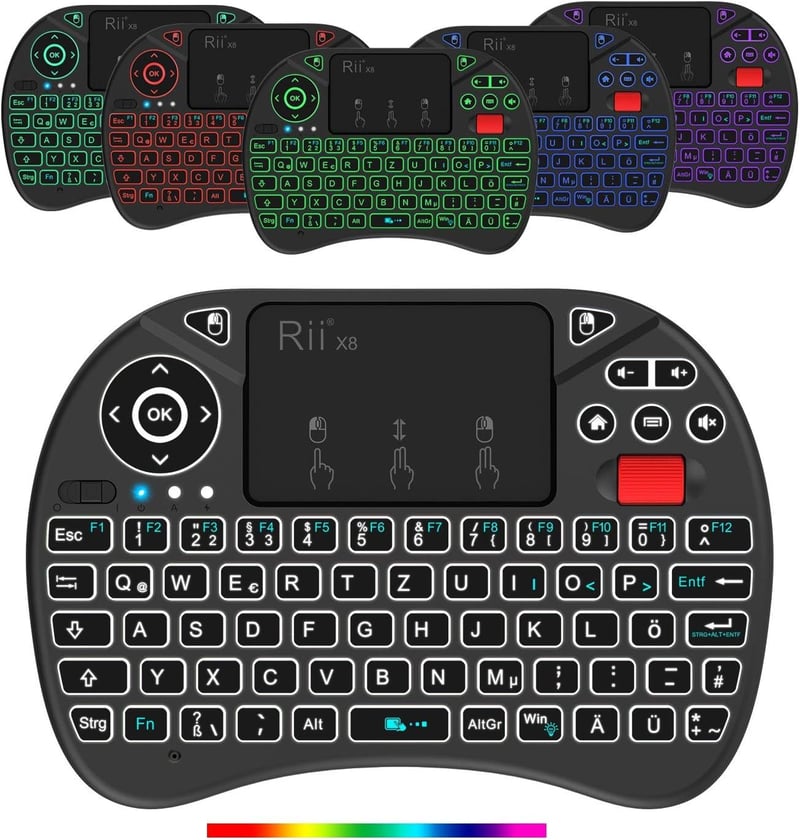 Rii Mini Vezeték Nélküli Billentyűzet Érintőpaddal, 8 RGB Háttérvilágítási Móddal, Tölthető, Smart TV, PC, Xbox Kompatibilis, 10m Hatótáv