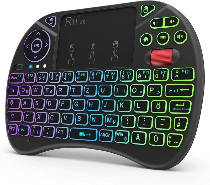Rii Mini Vezeték Nélküli Billentyűzet Érintőpaddal, 8 RGB Háttérvilágítási Móddal, Tölthető, Smart TV, PC, Xbox Kompatibilis, 10m Hatótáv