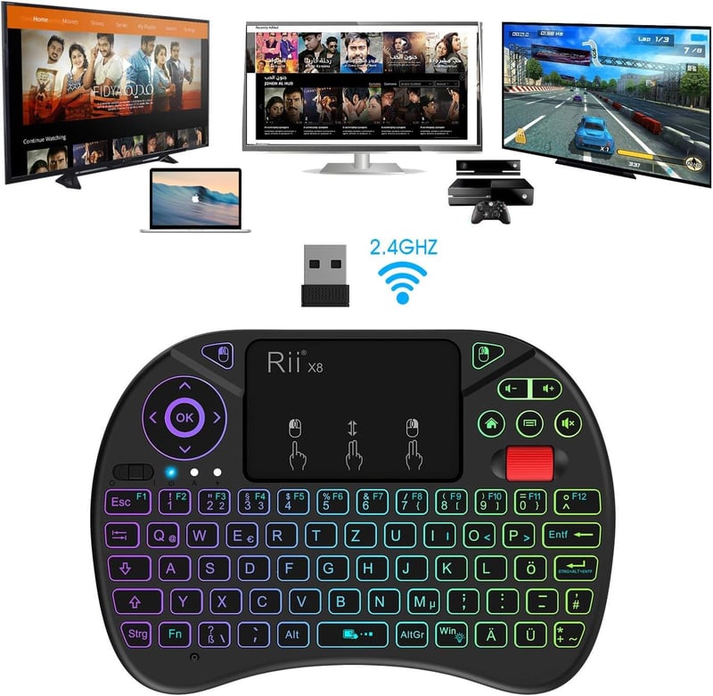 Rii Mini Vezeték Nélküli Billentyűzet Érintőpaddal, 8 RGB Háttérvilágítási Móddal, Tölthető, Smart TV, PC, Xbox Kompatibilis, 10m Hatótáv