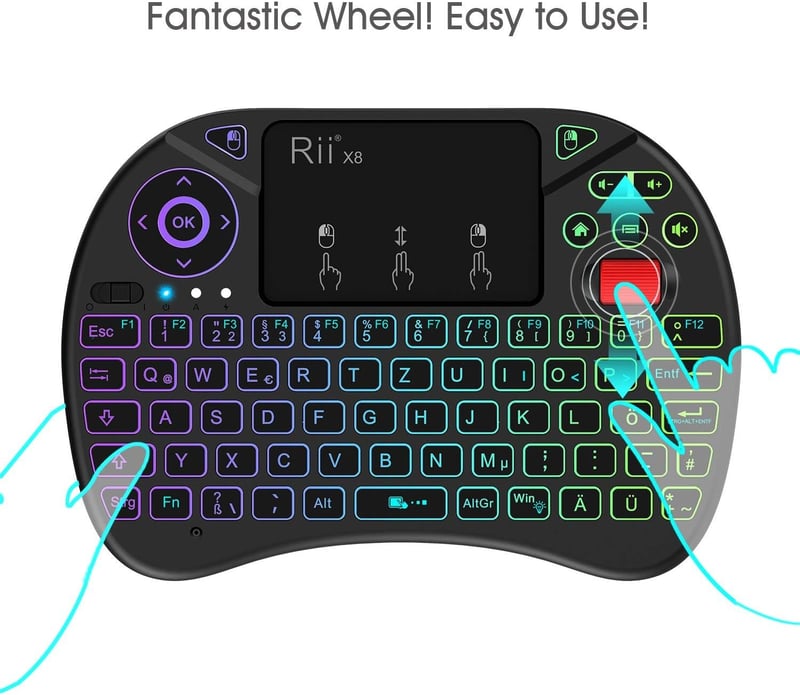 Rii Mini Vezeték Nélküli Billentyűzet Érintőpaddal, 8 RGB Háttérvilágítási Móddal, Tölthető, Smart TV, PC, Xbox Kompatibilis, 10m Hatótáv