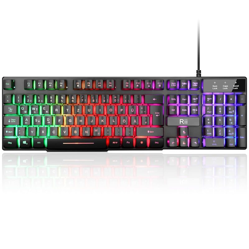 Herná klávesnica Rii RK100+, 105 kláves, RGB LED, USB, nemecké rozloženie QWERTZ, čierna