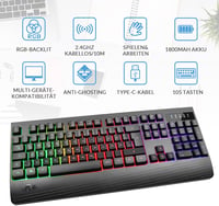Rii RK204 Vezeték Nélküli Gamer Billentyűzet RGB Háttérvilágítással - QWERTZ Kiosztás, 1800 mA Akkumulátor, 9m Hatótáv, PC/Laptop/Smart TV K 2