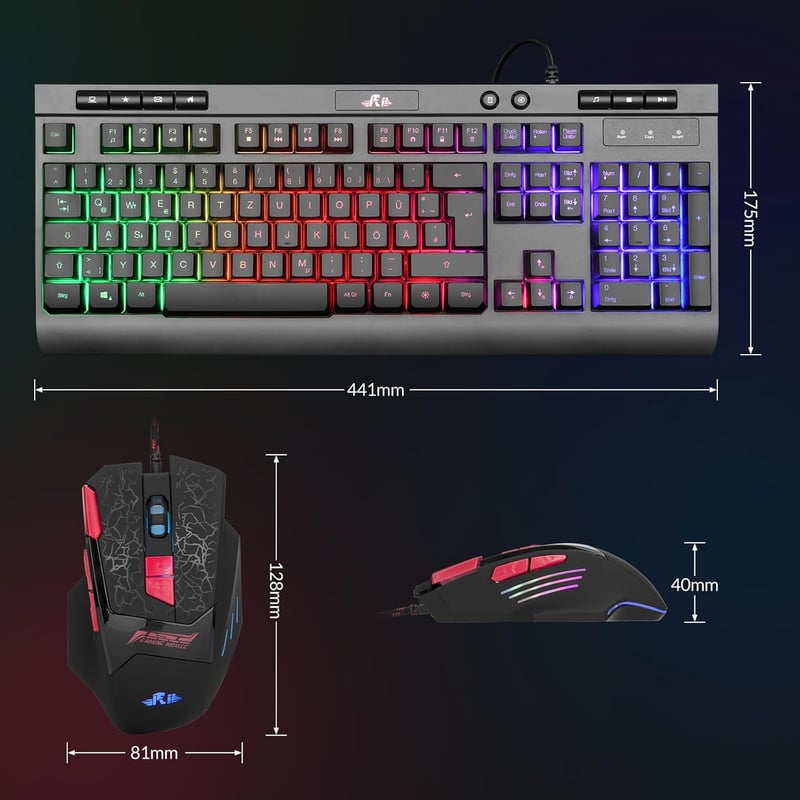 Rii RK900 Gamer Billentyűzet és Egér Szett - RGB Háttérvilágítás, Ergonomikus Kialakítás, QWERTZ, PC/Laptop/Xbox/PS4/PS5 Kompatibilis