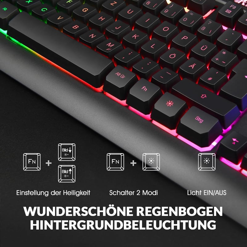 Rii RK900 Gamer Billentyűzet és Egér Szett - RGB Háttérvilágítás, Ergonomikus Kialakítás, QWERTZ, PC/Laptop/Xbox/PS4/PS5 Kompatibilis