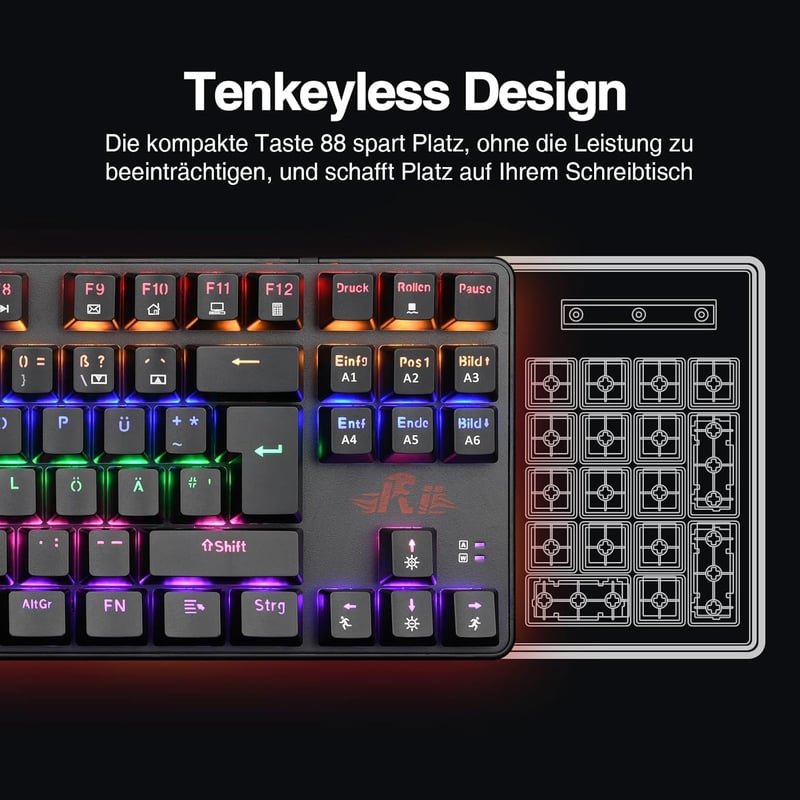 Rii RK908 Mechanikus Gamer Billentyűzet, TKL QWERTZ Kék Kapcsolókkal, RGB Háttérvilágítással, Makró Funkcióval, USB Kábeles, Fekete