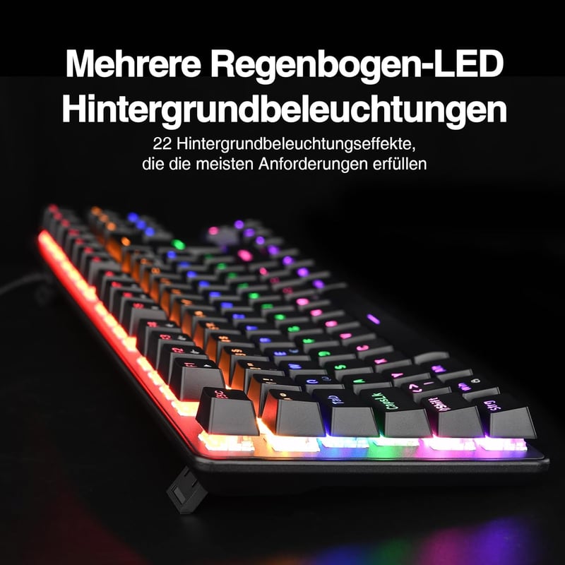 Rii RK908 Mechanikus Gamer Billentyűzet, TKL QWERTZ Kék Kapcsolókkal, RGB Háttérvilágítással, Makró Funkcióval, USB Kábeles, Fekete