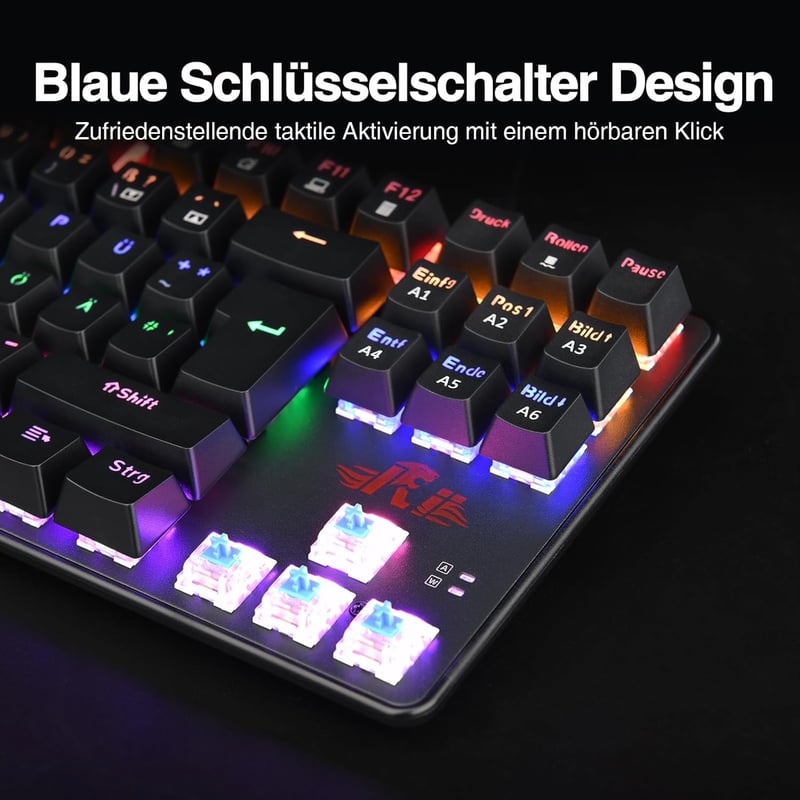 Rii RK908 Mechanikus Gamer Billentyűzet, TKL QWERTZ Kék Kapcsolókkal, RGB Háttérvilágítással, Makró Funkcióval, USB Kábeles, Fekete