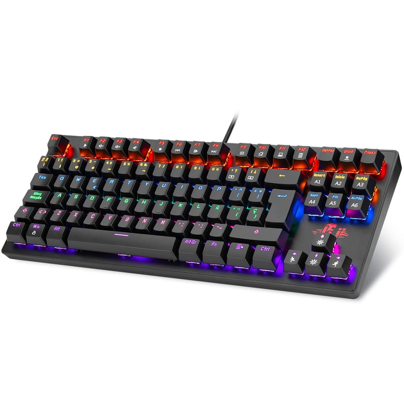 Mechanická herná klávesnica Rii RK908, španielske QWERTY rozloženie, bez numerického bloku, čierna, kompaktná hráčska klaviatúra