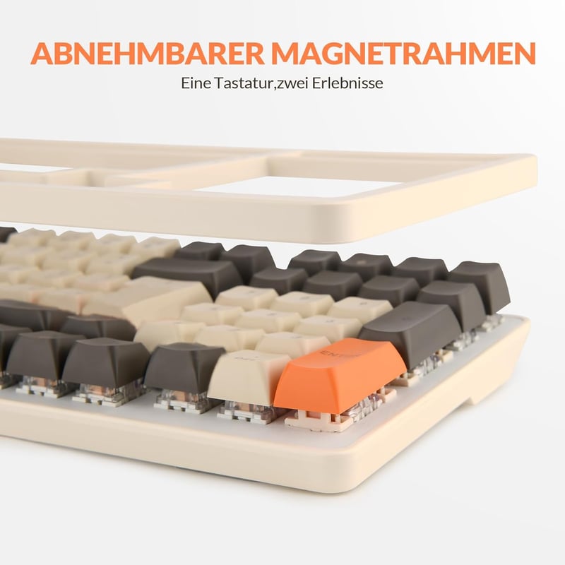 Rii RK909 Mechanikus Gamer Billentyűzet, QWERTZ, Kék Kapcsolók, 75% Kompakt, Narancs-Fehér, Levehető Mágneses Keret, Szivárványos Háttérvilá