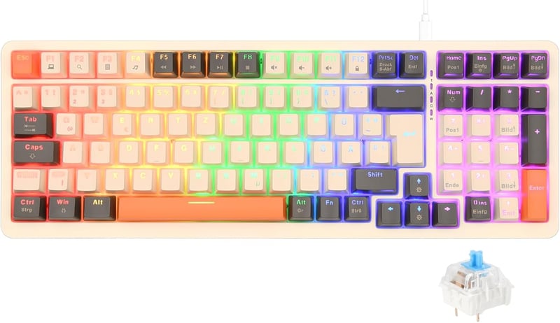 Rii RK909 Mechanikus Gamer Billentyűzet, QWERTZ, Kék Kapcsolók, 75% Kompakt, Narancs-Fehér, Levehető Mágneses Keret, Szivárványos Háttérvilá