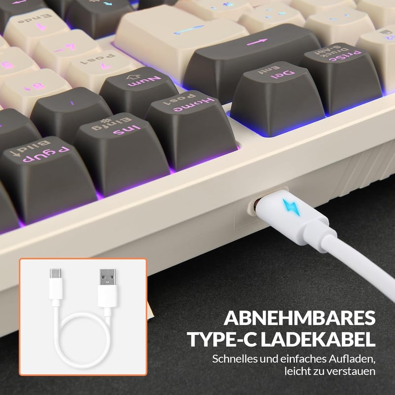 Rii RK909 Mechanikus Gamer Billentyűzet, QWERTZ, Kék Kapcsolók, 75% Kompakt, Narancs-Fehér, Levehető Mágneses Keret, Szivárványos Háttérvilá