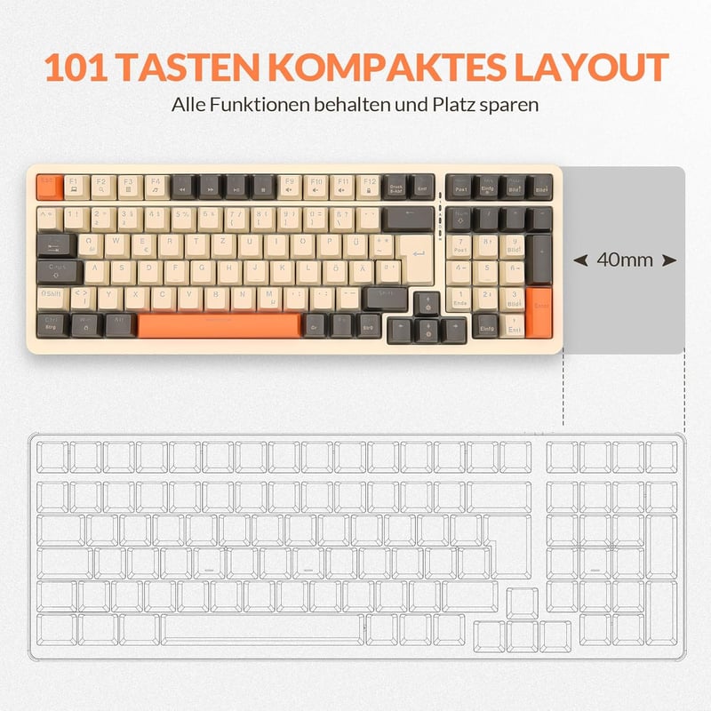 Rii RK909 Mechanikus Gamer Billentyűzet, QWERTZ, Kék Kapcsolók, 75% Kompakt, Narancs-Fehér, Levehető Mágneses Keret, Szivárványos Háttérvilá