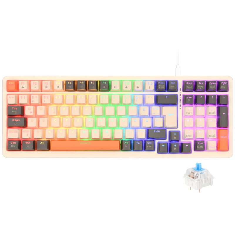 Rii RK909 Mechanická herná klávesnica, QWERTZ, modré spínače, 75% kompaktná, oranžovo-biela, odnímateľný magnetický rám, dúhové podsvietenie