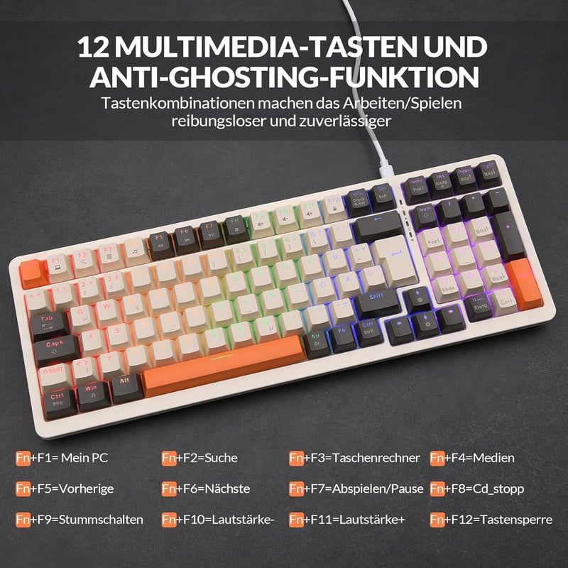 Rii RK909 Mechanikus Gamer Billentyűzet, QWERTZ, Kék Kapcsolók, 75% Kompakt, Narancs-Fehér, Levehető Mágneses Keret, Szivárványos Háttérvilá