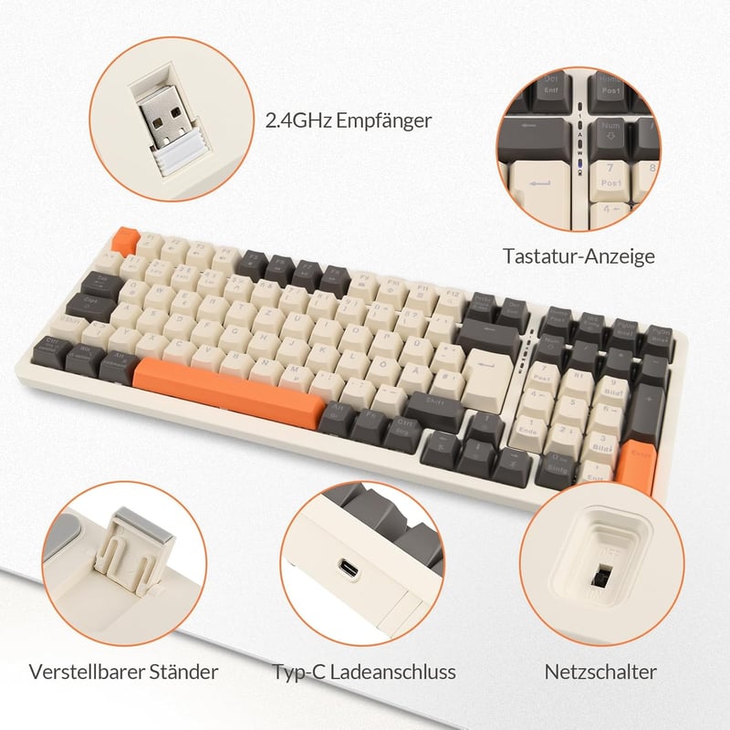 Rii RK909 Tri Mechanikus Gamer Billentyűzet - 3 Módú Vezeték Nélküli (Bluetooth 5.0/2.4GHz/Kábel), QWERTZ, Hot-Swap, 20 Féle RGB Háttérvilág