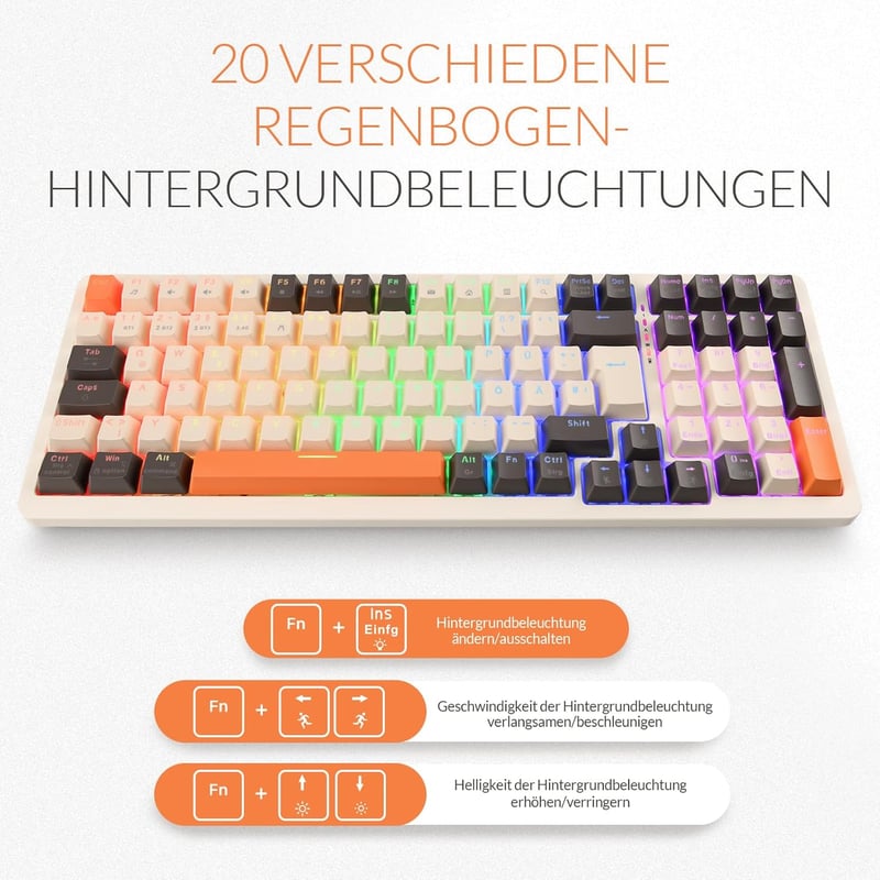 Rii RK909 Tri Mechanikus Gamer Billentyűzet - 3 Módú Vezeték Nélküli (Bluetooth 5.0/2.4GHz/Kábel), QWERTZ, Hot-Swap, 20 Féle RGB Háttérvilág