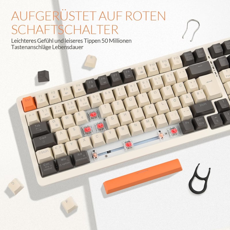Rii RK909 Tri Mechanikus Gamer Billentyűzet - 3 Módú Vezeték Nélküli (Bluetooth 5.0/2.4GHz/Kábel), QWERTZ, Hot-Swap, 20 Féle RGB Háttérvilág