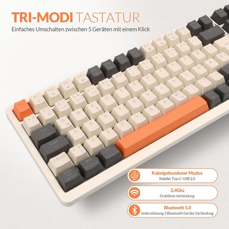 Rii RK909 Tri Mechanikus Gamer Billentyűzet - 3 Módú Vezeték Nélküli (Bluetooth 5.0/2.4GHz/Kábel), QWERTZ, Hot-Swap, 20 Féle RGB Háttérvilág