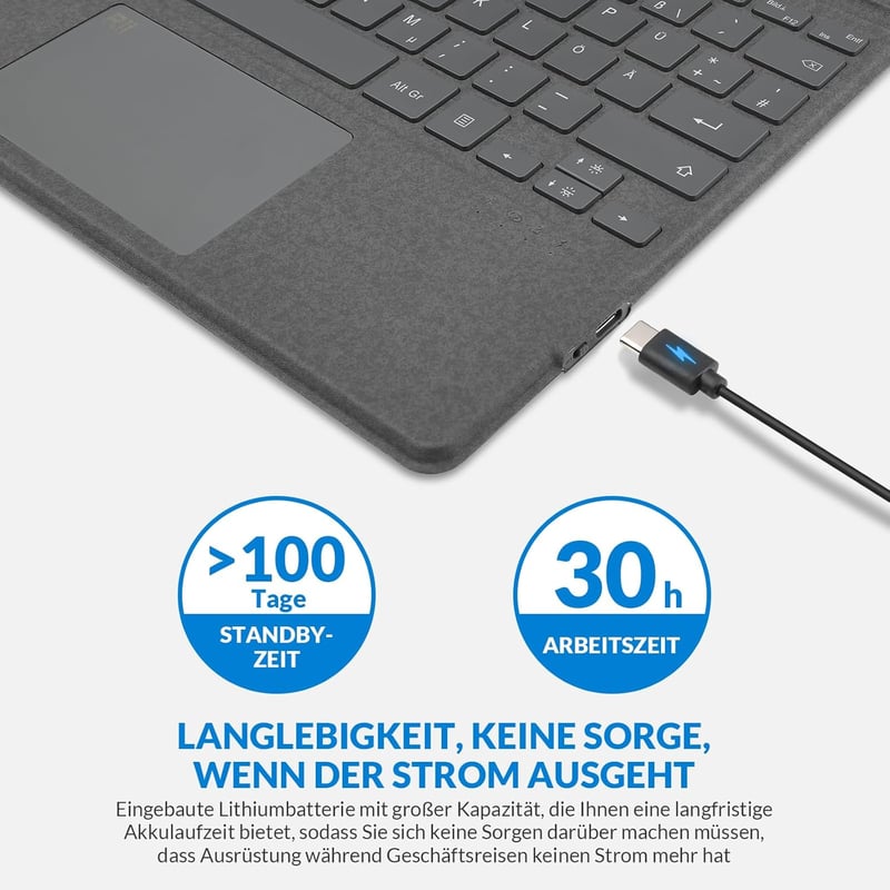 Rii Surface Bluetooth Billentyűzet Touchpad-del Surface Pro 9/8/X-hez, 7 Színű Háttérvilágítás, Szürke QWERTZ