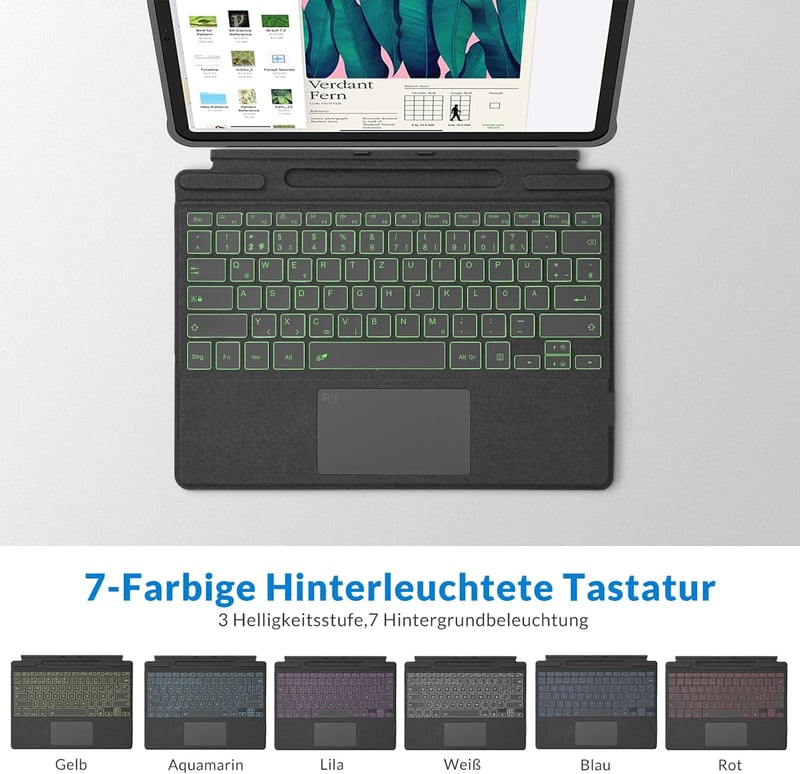 Rii Surface Bluetooth Billentyűzet Touchpad-del Surface Pro 9/8/X-hez, 7 Színű Háttérvilágítás, Szürke QWERTZ