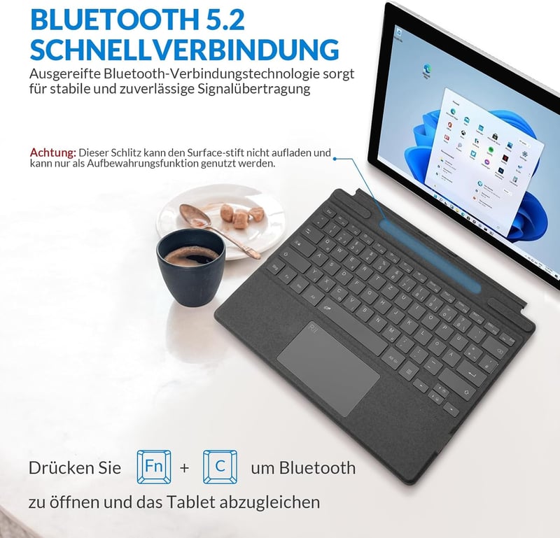 Rii Surface Bluetooth Billentyűzet Touchpad-del Surface Pro 9/8/X-hez, 7 Színű Háttérvilágítás, Szürke QWERTZ
