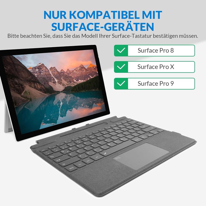 Rii Surface Bluetooth Billentyűzet Touchpad-del Surface Pro 9/8/X-hez, 7 Színű Háttérvilágítás, Szürke QWERTZ