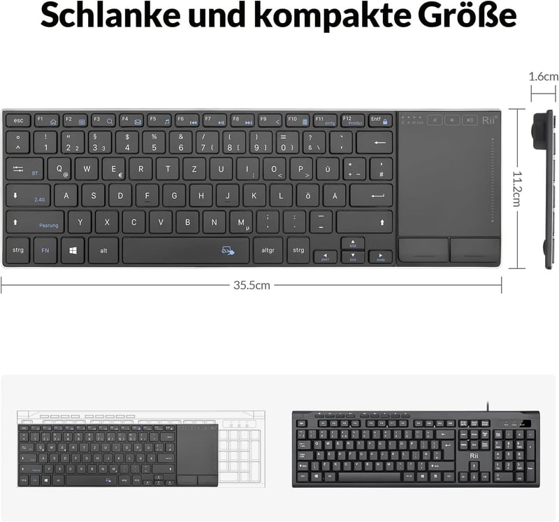 Rii Vezeték Nélküli Billentyűzet Érintőpaddal - 2.4G+Bluetooth Kapcsolat, Német QWERTZ Kiosztás, Ultravékony Dizájn, Kompatibilis Laptop, PC