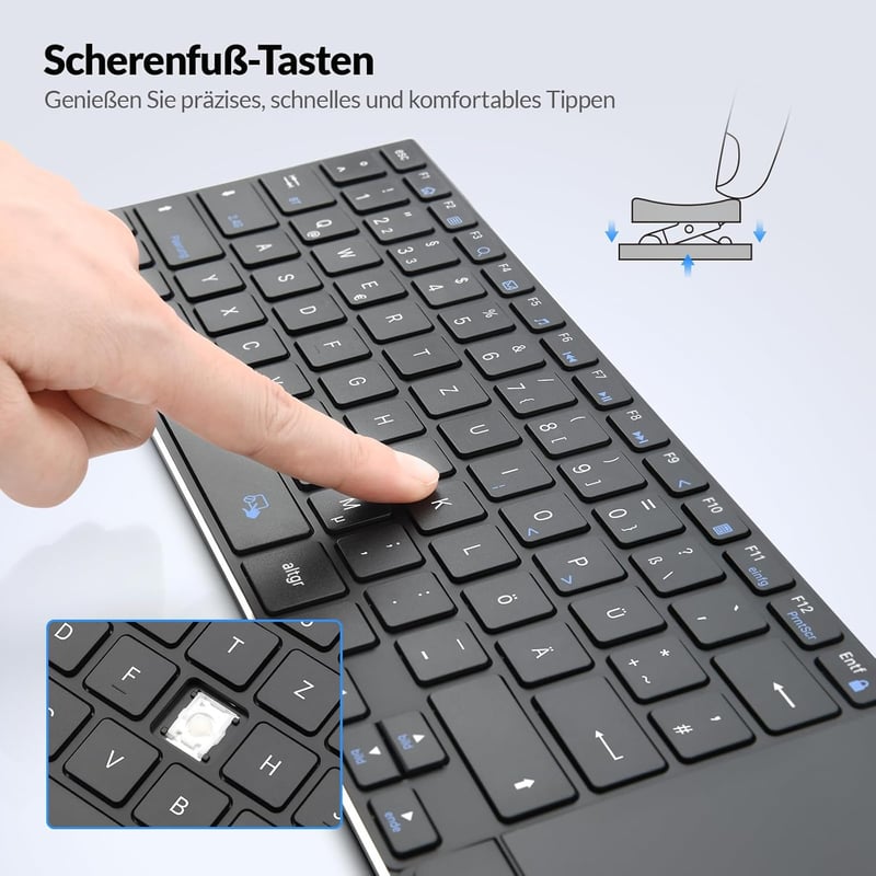 Rii Vezeték Nélküli Billentyűzet Érintőpaddal - 2.4G+Bluetooth Kapcsolat, Német QWERTZ Kiosztás, Ultravékony Dizájn, Kompatibilis Laptop, PC