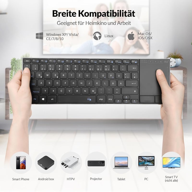 Rii Vezeték Nélküli Billentyűzet Érintőpaddal - 2.4G+Bluetooth Kapcsolat, Német QWERTZ Kiosztás, Ultravékony Dizájn, Kompatibilis Laptop, PC