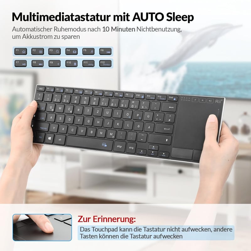 Rii Vezeték Nélküli Billentyűzet Érintőpaddal - 2.4G+Bluetooth Kapcsolat, Német QWERTZ Kiosztás, Ultravékony Dizájn, Kompatibilis Laptop, PC