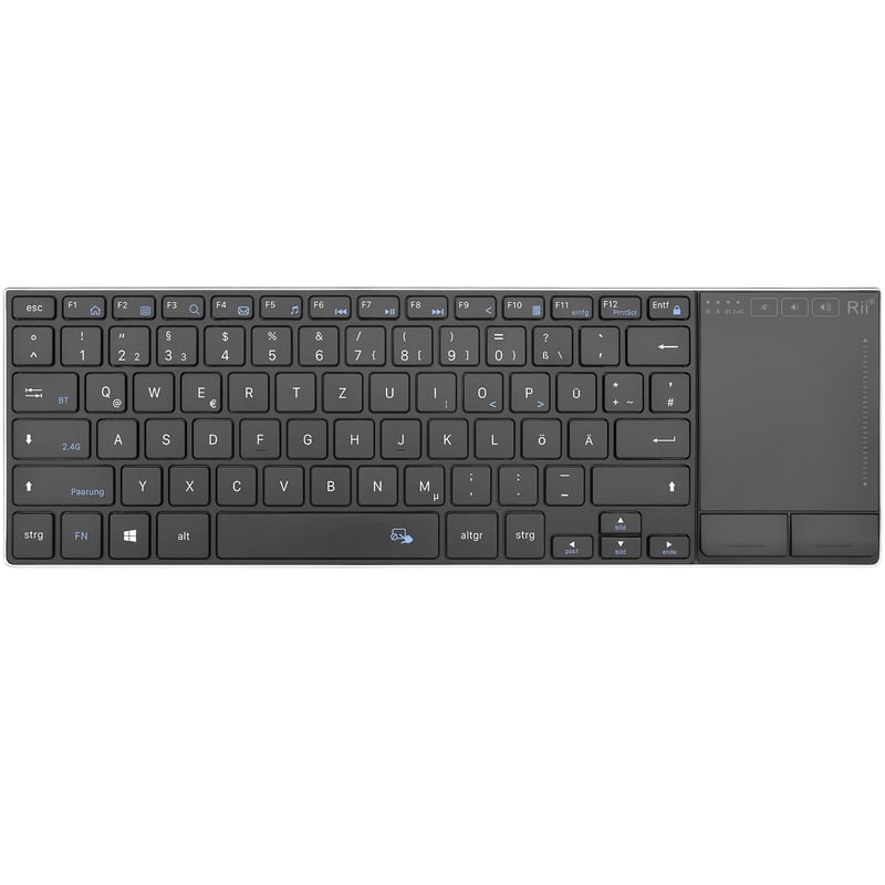 Rii Bezdrôtová Klávesnica s Touchpadom - 2.4G+Bluetooth Pripojenie, Nemecké QWERTZ Rozloženie, Ultratenký Dizajn, Kompatibilná s Laptopom, PC