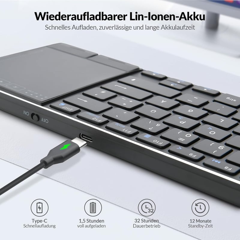Rii Vezeték Nélküli Billentyűzet Érintőpaddal - 2.4G+Bluetooth Kapcsolat, Német QWERTZ Kiosztás, Ultravékony Dizájn, Kompatibilis Laptop, PC