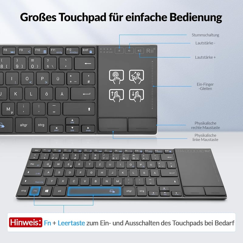 Rii Vezeték Nélküli Billentyűzet Érintőpaddal - 2.4G+Bluetooth Kapcsolat, Német QWERTZ Kiosztás, Ultravékony Dizájn, Kompatibilis Laptop, PC