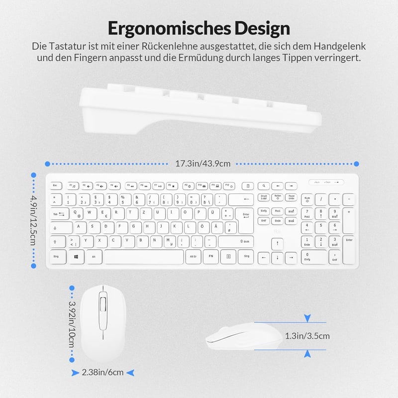 Rii Vezeték Nélküli Billentyűzet és Egér Szett - Csendes Gombokkal, 10m Hatótáv, 1000 DPI, PC/Laptop/Smart TV Kompatibilis - Fehér