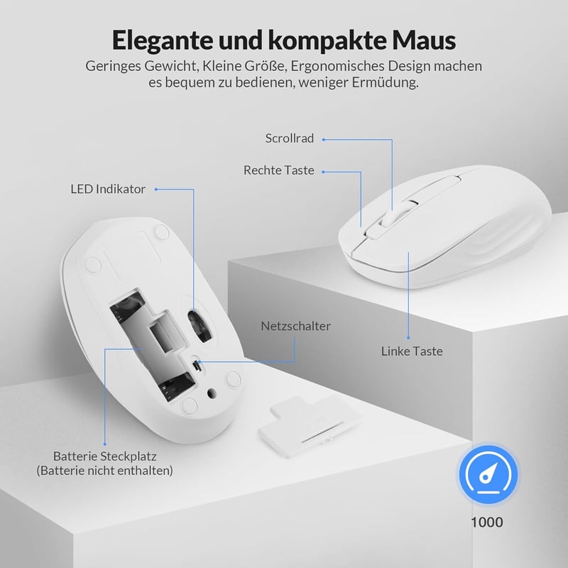 Rii Vezeték Nélküli Billentyűzet és Egér Szett - Csendes Gombokkal, 10m Hatótáv, 1000 DPI, PC/Laptop/Smart TV Kompatibilis - Fehér
