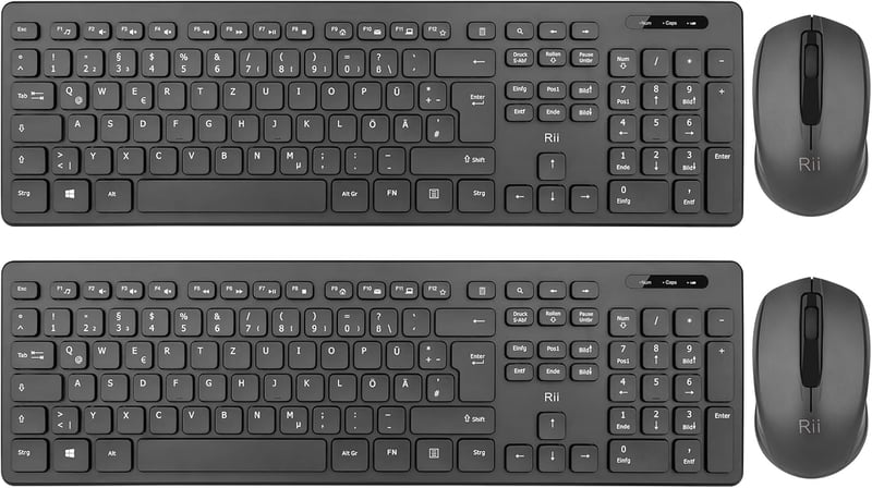 Rii Vezeték Nélküli Billentyűzet és Egér Szett, Wireless Keyboard Mouse Combo PC Laptop Windows Smart TV-hez, Német Kiosztás - Fekete