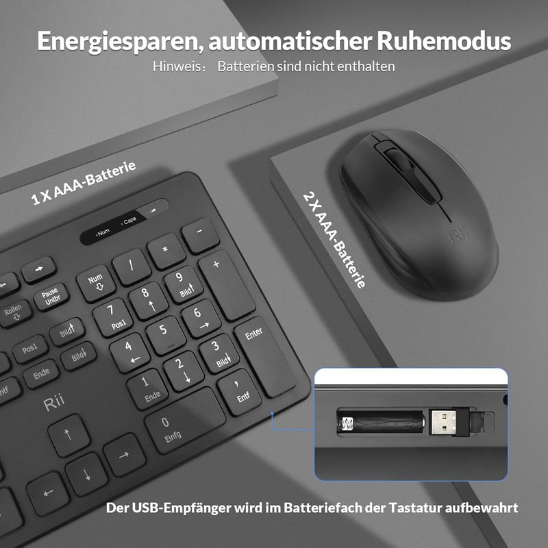Rii Vezeték Nélküli Billentyűzet és Egér Szett, Wireless Keyboard Mouse Combo PC Laptop Windows Smart TV-hez, Német Kiosztás - Fekete