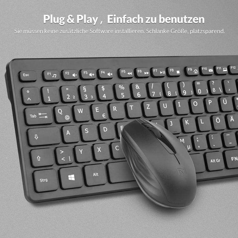 Rii Vezeték Nélküli Billentyűzet és Egér Szett, Wireless Keyboard Mouse Combo PC Laptop Windows Smart TV-hez, Német Kiosztás - Fekete