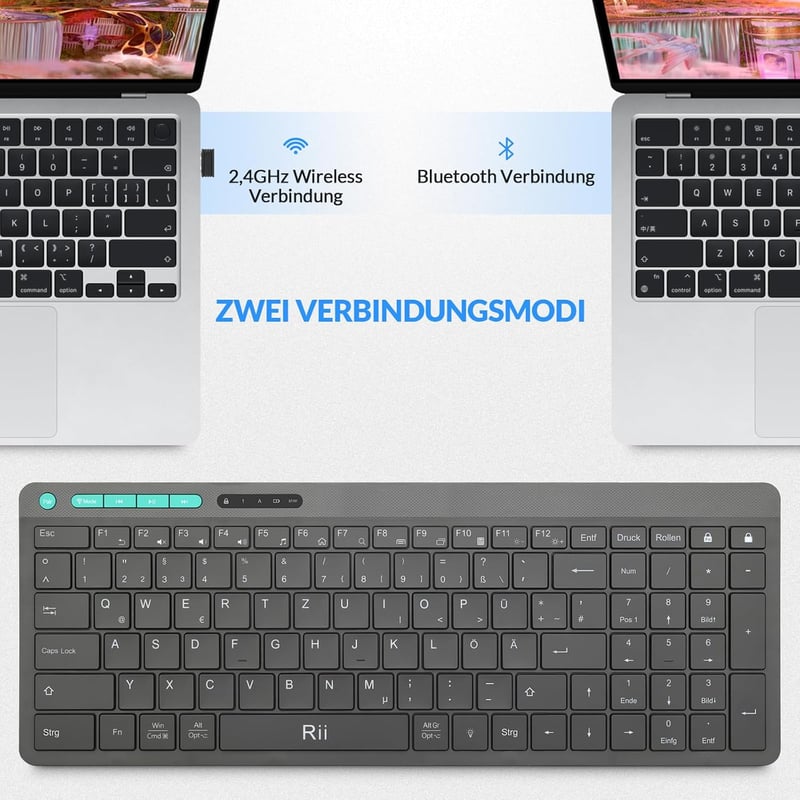 Rii Vezeték Nélküli Bluetooth Billentyűzet QWERTZ Kiosztással - Ultravékony Irodai Billentyűzet Numerikus Résszel, Kettős Csatlakozás (2.4GH