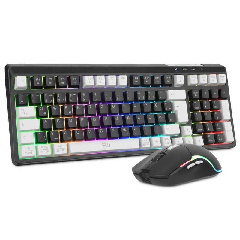 Rii bežični gaming set tipkovnice i miša, Bluetooth + 2,4 GHz, LED pozadinsko osvjetljenje, QWERTZ