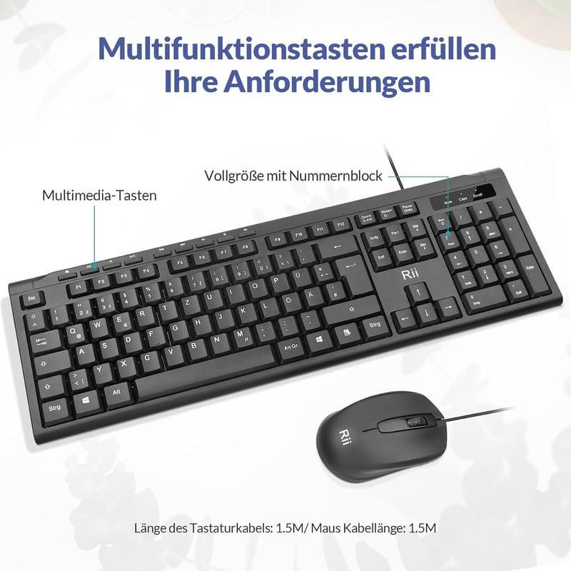 Rii Vezetékes Billentyűzet és Egér Szett, Vízálló, Ergonomikus USB, PC/Laptop